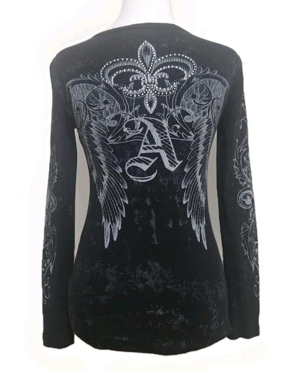 Y2K Vocal Rhinestone Angel Wings "A" Thermal Top Small Black Gothic Whimsigoth